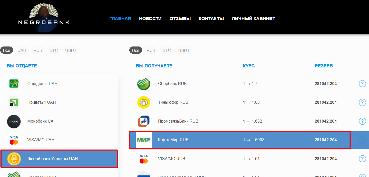 Обмен с гривны Любого банка Украины на рубль Карты Мир