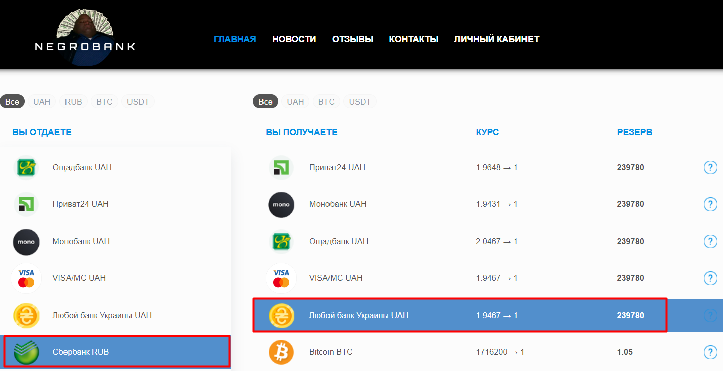 Обмен со Сбербанк на Любой банк Украины