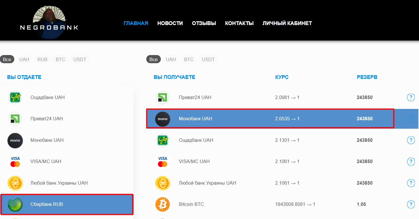 Продать рубль Сбербанк и купить Монобанк