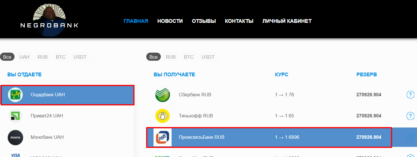 онлайн обменник с направлением Ощадбанк - Промсвязьбанк